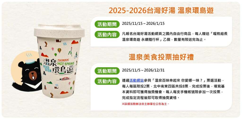 圖1-參加任一遊程送喔熊溫泉環島遊隨杯，數量有限｜可樂旅行社提供