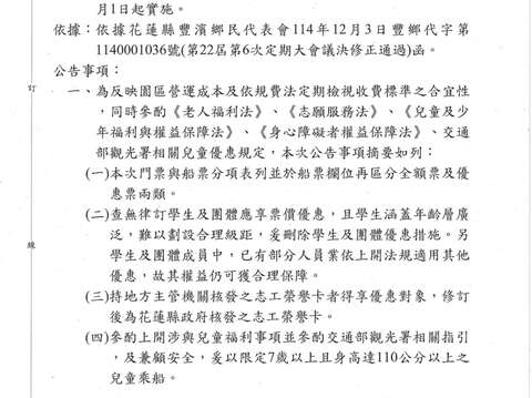 花蓮縣豐濱鄉公所公告修訂後之「花蓮縣豐濱鄉公所月洞遊憩區收費標準」_1