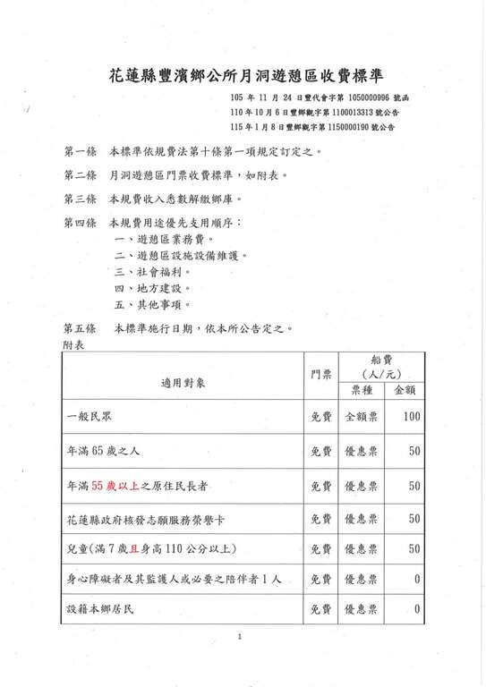 花蓮縣豐濱鄉公所公告修訂後之「花蓮縣豐濱鄉公所月洞遊憩區收費標準」_3