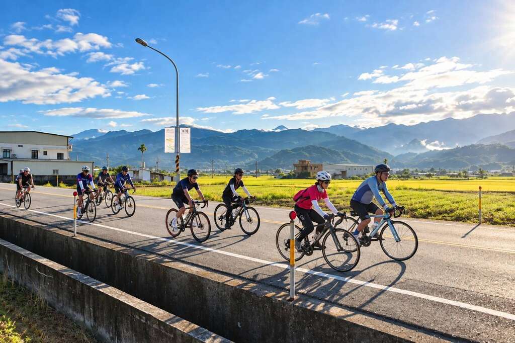 車友隊伍穿梭於藍天青山與金黃稻田間，暢遊縱谷壯麗風光。